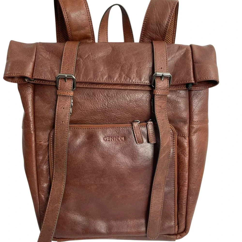 Genicci Unisex Genuine Leather Roll Top Double Buckles laptop backpack‎ brown